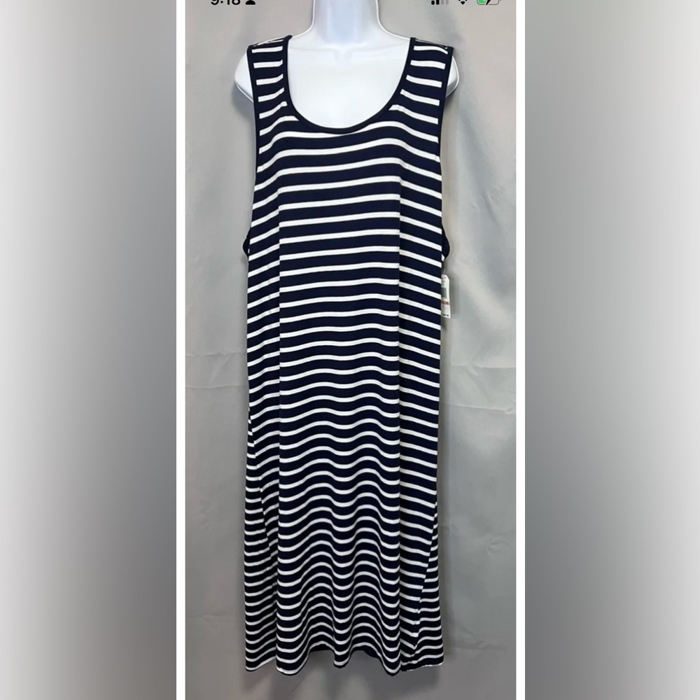 Náutica Womens Size 2X Navy White Striped‎ Poly Tank Minimalist Maxi Dress New